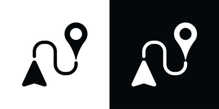 Route navigation pin icon vector illustration. Map pointer with path line and arrow cursor symbol isolated on black and white background for logistics, journey tracking, and travel delivery.