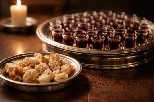 Protestant communion elements including bread plate and wine glasses in a tight frame