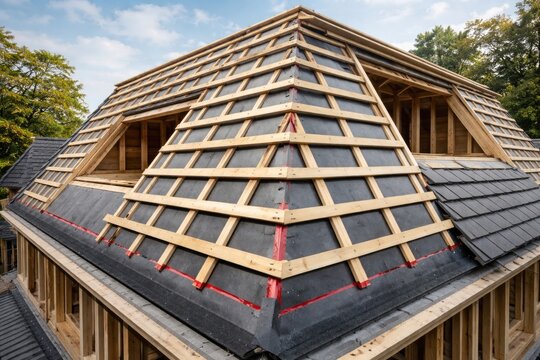 Mansard roof assembly with damp proof vapor barrier and timber battens set for roofing tiles