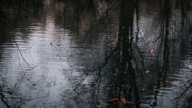 Calm Water Reflecting Trees and Drifting Leaves Peaceful Nature Scene, Autumn Mood