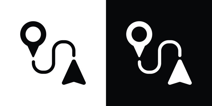 Route navigation pin icon vector illustration. Map pointer with path line and arrow cursor symbol isolated on black and white background for logistics, journey tracking, and travel delivery.