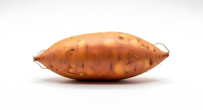 A large sweet potato on an isolated white background with visible roots and blemishes