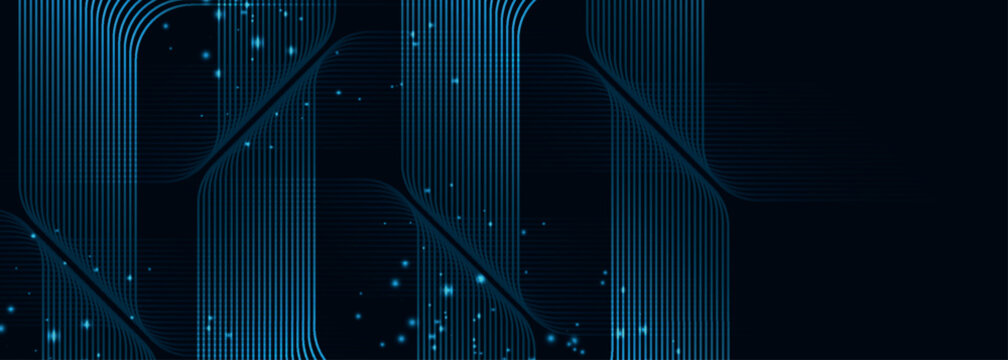 Abstract dark blue background with glowing angular line. Modern design with futuristic lines and light dot. Glittering moving line pattern for banner, web header, social media. EPS.3