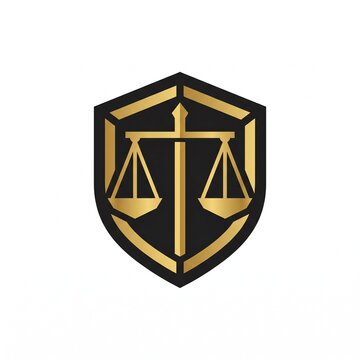 Golden scales of justice symbol within a black and gold shield, representing law, protection, and legal services.