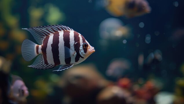 Zebra Angelfish Swimming in Tropical Aquarium Blurred Background, Soft Lighting