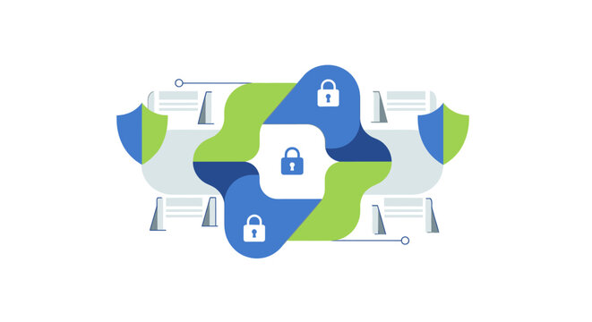 Modern Flat Vector Illustration of Cybersecurity Network, Data Protection, and Digital Privacy Concept with Shields and Padlocks