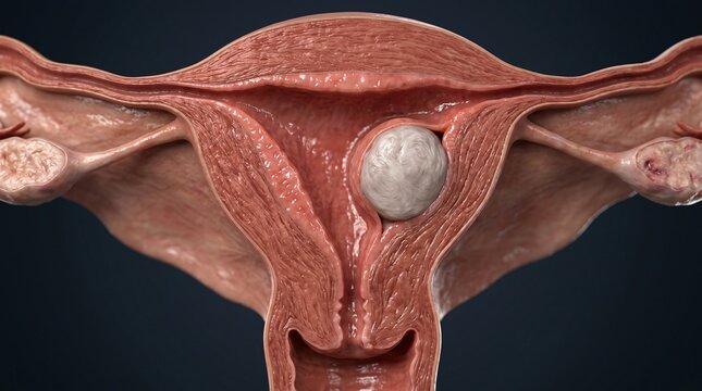 Anatomical illustration of a human uterus displaying a uterine fibroid within its cavity