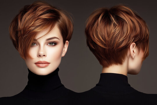 Modern auburn pixie haircut, layered texture and side swept bangs, front and back, hair salon portrait on dark background.