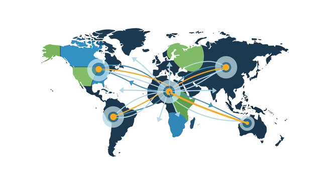 Global Connectivity Map with Network Hubs and Arrows Representing International Trade Logistics and Communication