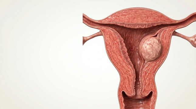 Detailed 3D illustration of a human uterus with a large fibroid tumor inside