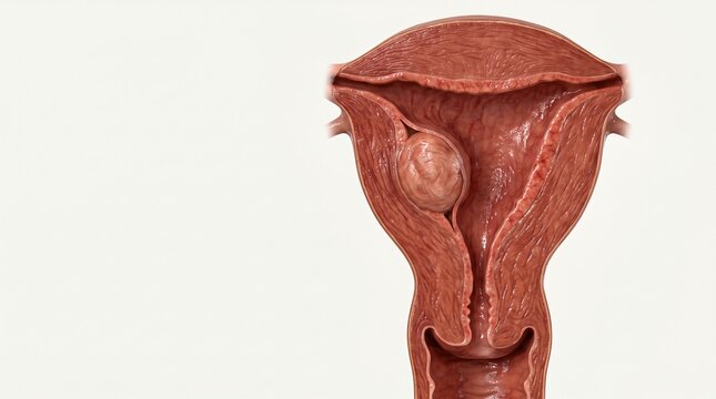 Detailed illustration of the female uterus showing a fibroid tumor growing on the uterine wall
