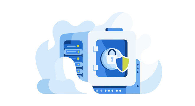 Secure Cloud Computing and Data Protection Concept with Server Racks, Vault Door, and Shield Illustration