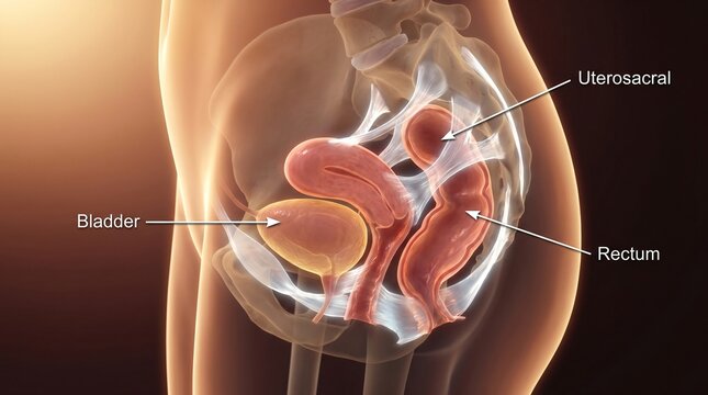 Pelvic anatomy illustration showing uterus bladder rectum and ligaments