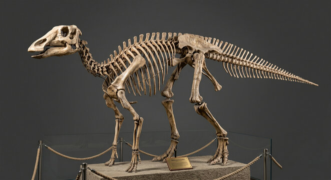 A crisp studio photograph of a full-scale Hadrosaurus skeleton reconstruction, posed as it was historically displayed. 