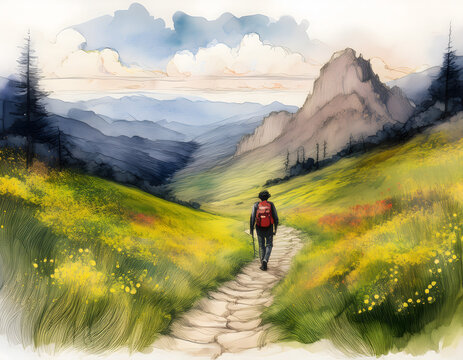 Lone hiker walking on a mountain path through a blooming meadow