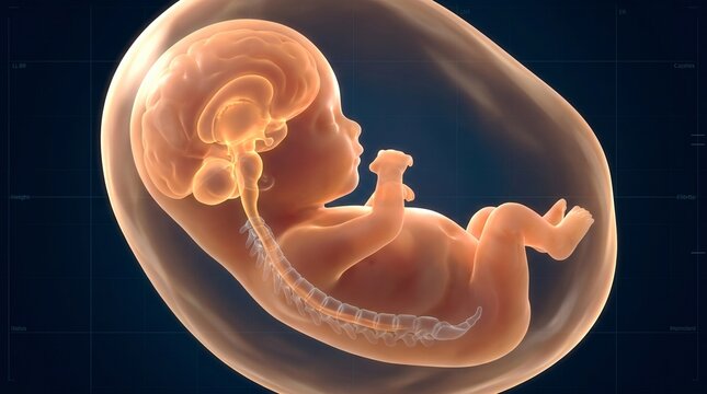 Fetus developing inside amniotic sac showcasing brain and spinal cord development