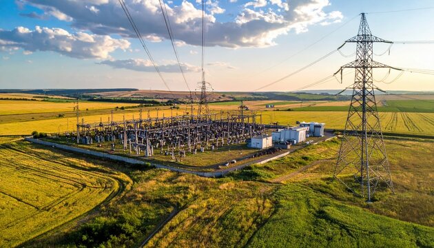 Sprawling electrical substation infrastructure powering the rural landscape at sunset