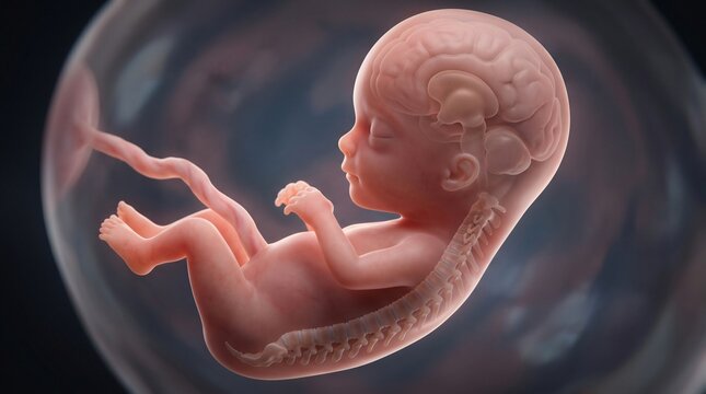 A detailed 3D rendering of a human fetus showing visible brain structures and spine within the amniotic sac