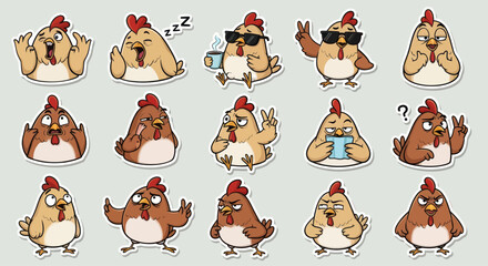 Funny Chicken Emotes Sticker Pack - Expressive Cartoon Hen Illustrations © jy