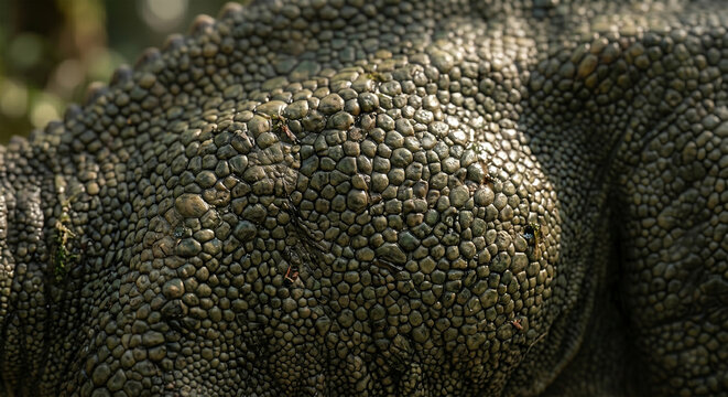An extreme macro close-up focusing sharply on the intricate, pebble-like scales along the flank of a Hadrosaurus. 