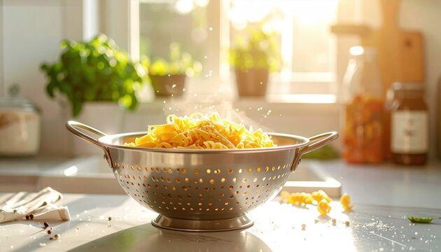 Steaming hot pasta being drained in a metal colander in a sunlit kitchen