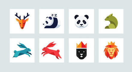 Set of stylized animal logos and icons - deer, panda, rabbit, lion, bear © jy