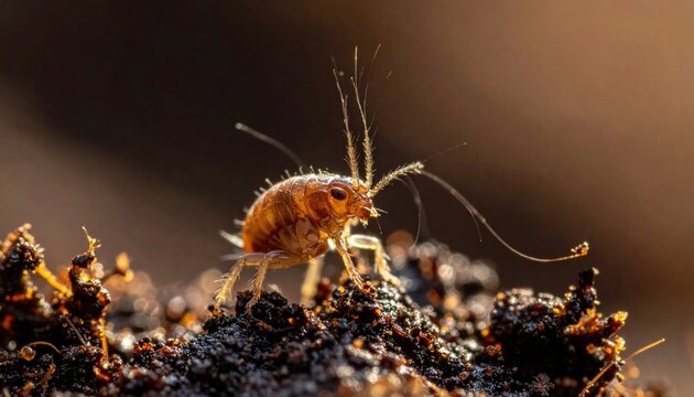 Tiny Springtail Insect Emerging From Soil Surface in Macro Nature Photography
