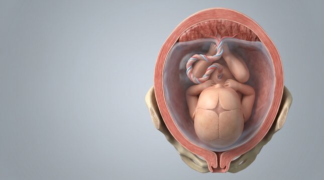 Anatomical cross section showing fetus within the uterus connected by umbilical cord