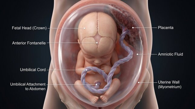 Fetus in utero showing developing head umbilical cord placenta and amniotic fluid