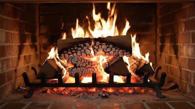 Cozy burning fireplace with glowing logs and warm flames in a rustic brick hearth