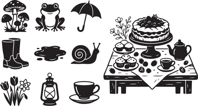 Whimsical Black and White Garden Party Icons Set