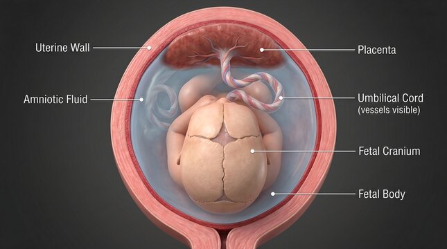 Fetus within the uterus showing uterine wall placenta amniotic fluid umbilical cord fetal cranium and fetal body