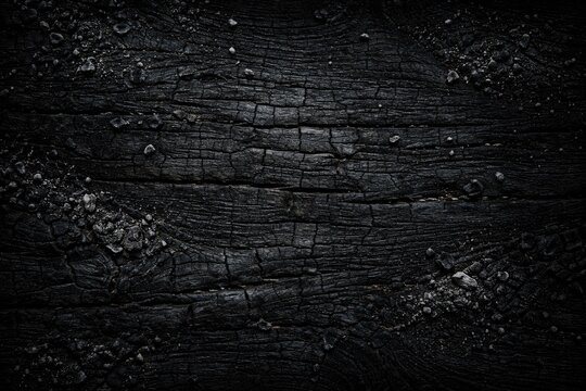 Minimal burnt wood panel texture with dark black backdrop and scattered ashes