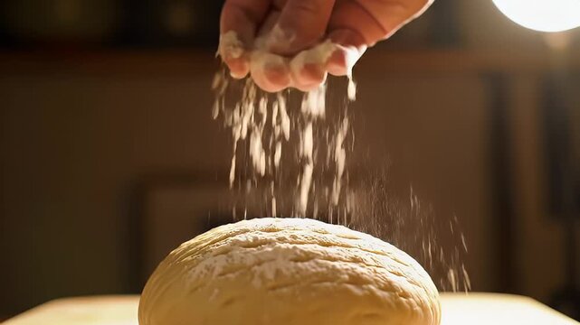 A hand hovering over a freshly baked round loaf of bread on a countertop
