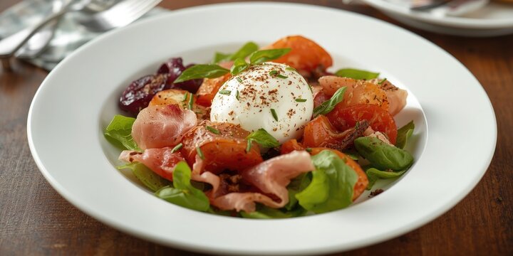 Appetizing Italian salad blending Parma ham and Burrata cheese served on pristine white plate