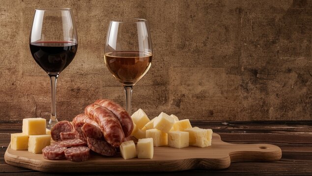 Classic Wine Pairing with Charcuterie Rustic Wooden Board, Warm Tones, Top View