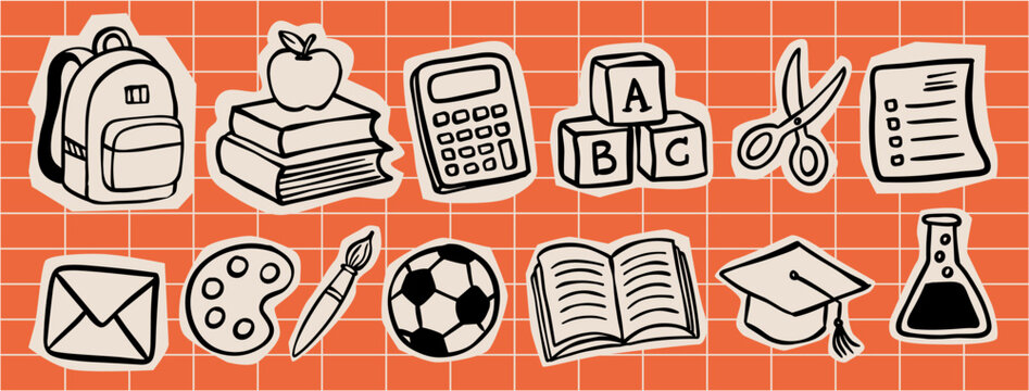 Back to school scrapbook vector set of hand drawn doodle elements as paper cutout stickers with backpack, books, and stationery on orange grid background
