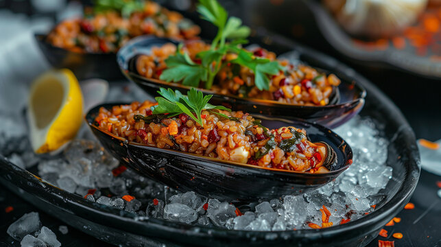 Gourmet Turkish stuffed mussels Midye Dolma on ice, macro food photography