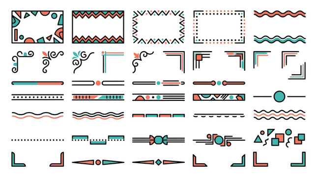 Geometric decorative borders and corners set, colorful line art frames and dividers, abstract ethnic pattern elements for graphic design