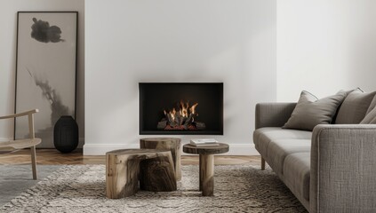 Fototapeta premium Chic Living Area with Tree Stump Tables Minimalist Fireplace Setup, Neutral Tones