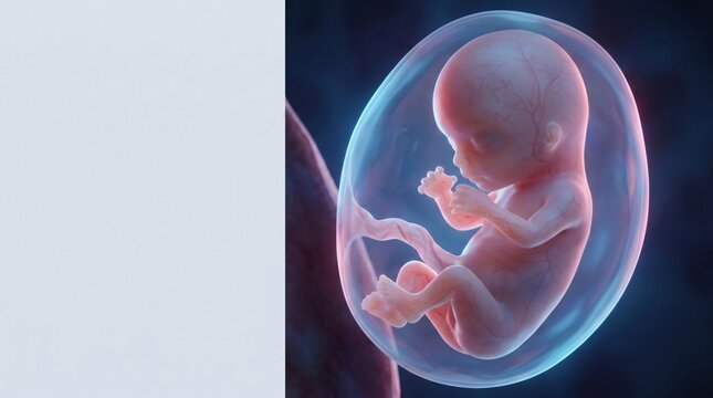 Fetus developing in amniotic sac detailed 3D render showing human gestation