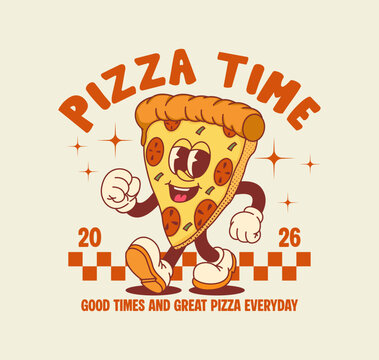 Retro 1930s cartoon vector illustration of a walking pizza slice character for t-shirt design, apparel, streetwear print, and merchandise