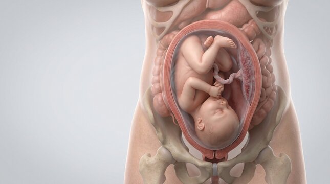 Anatomical illustration showing a human fetus developing inside the uterus with umbilical cord