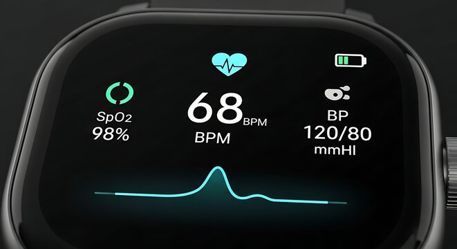 Smartwatch displaying vital health metrics.