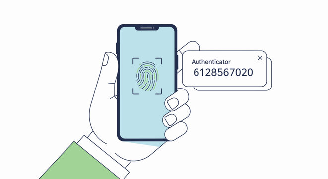 Two-Factor Authentication Concept Illustration with Smartphone Fingerprint Scan and Authenticator App Code for Secure Digital Login and Cyber Security