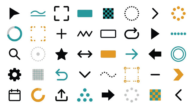 Minimalist UI design elements, modern interface icons and navigation symbols, geometric vector shapes for web and mobile app development