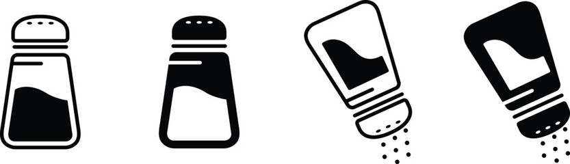 Salt and pepper shaker vector icon set with upright and pouring variations in line and silhouette styles © Sahajahan