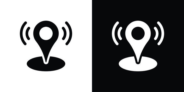 Signal location pin icon vector illustration. Map pointer with wireless radar waves symbol isolated on black and white background for live tracking, beacon telemetry, and active GPS connection.