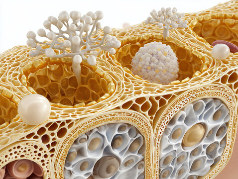 Human intestinal villi anatomy illustration showing 3D mucosal architecture with finger-like projections enterocyte surface and absorptive epithelium in warm amber gold tones on white background
