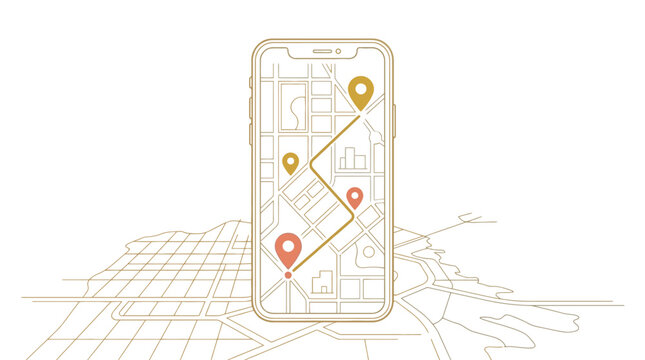 Minimalist smartphone gps navigation vector, mobile map application with location pins and route line, digital city street guide on phone screen